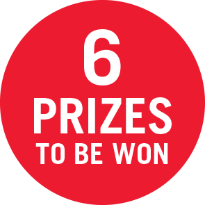 Red circular graphic with white text reading: “6 PRIZES TO BE WON.” The number 6 appears prominently above the text.