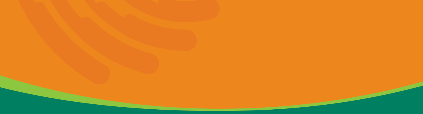 Abstract orange banner featuring layered curved orange arcs in the upper-left area and a sweeping dark teal-green band along the bottom, separated by a thin lime-green accent curve. No text is visible.