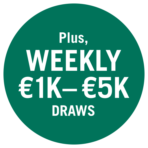 “Plus, weekly €1K–€5K draws” displayed in large white text on a solid green background.